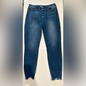 Kancan Buttonfly Skinny Jeans Medium Wash Distressed Hem 11/29